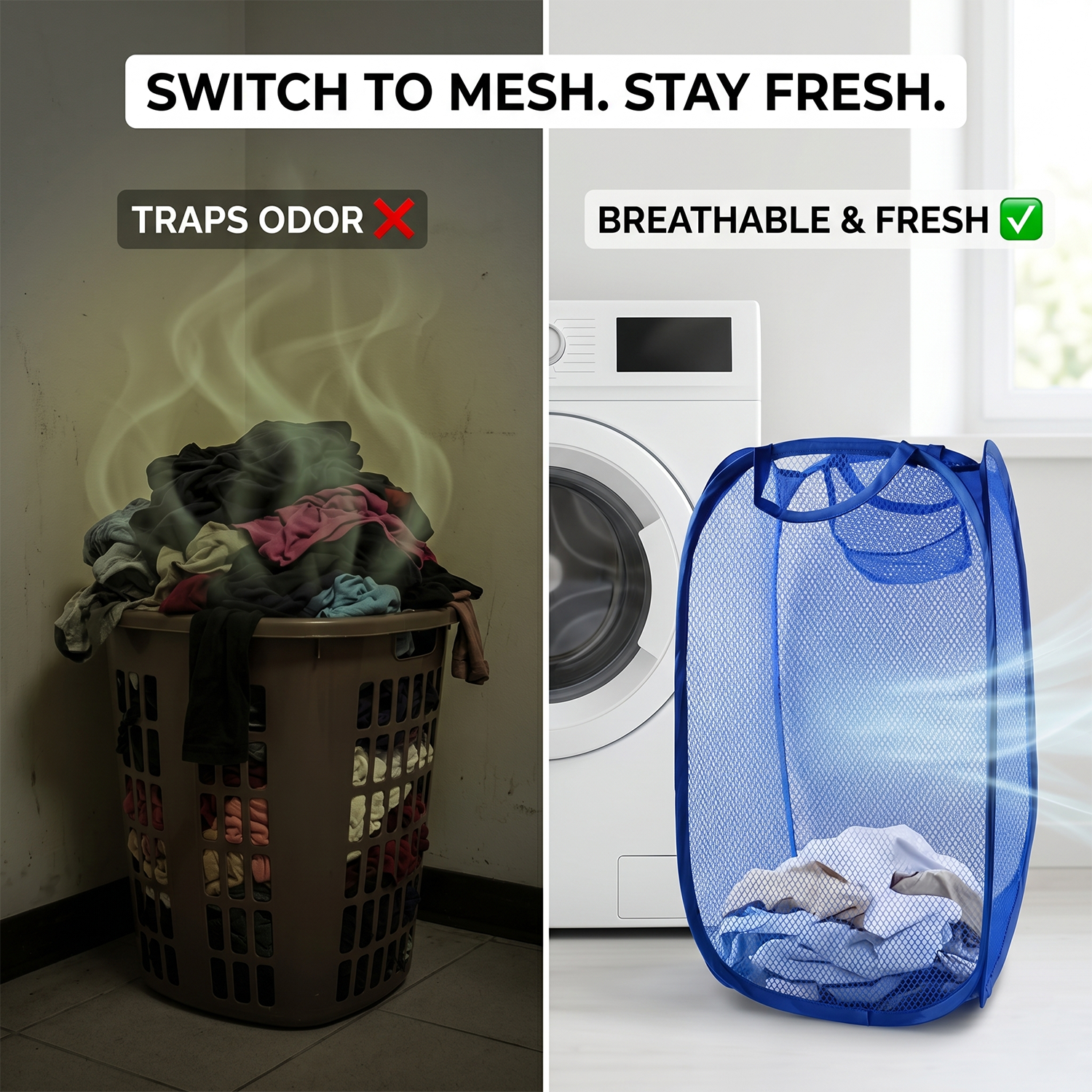Wukusy pop-up mesh laundry basket, lightweight clothes hamper with 34x34x58cm dimensions, foldable and breathable design.
