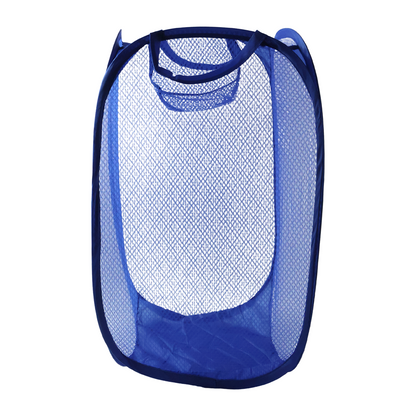 Wukusy pop-up mesh laundry basket, lightweight clothes hamper with 34x34x58cm dimensions, foldable and breathable fabric.
