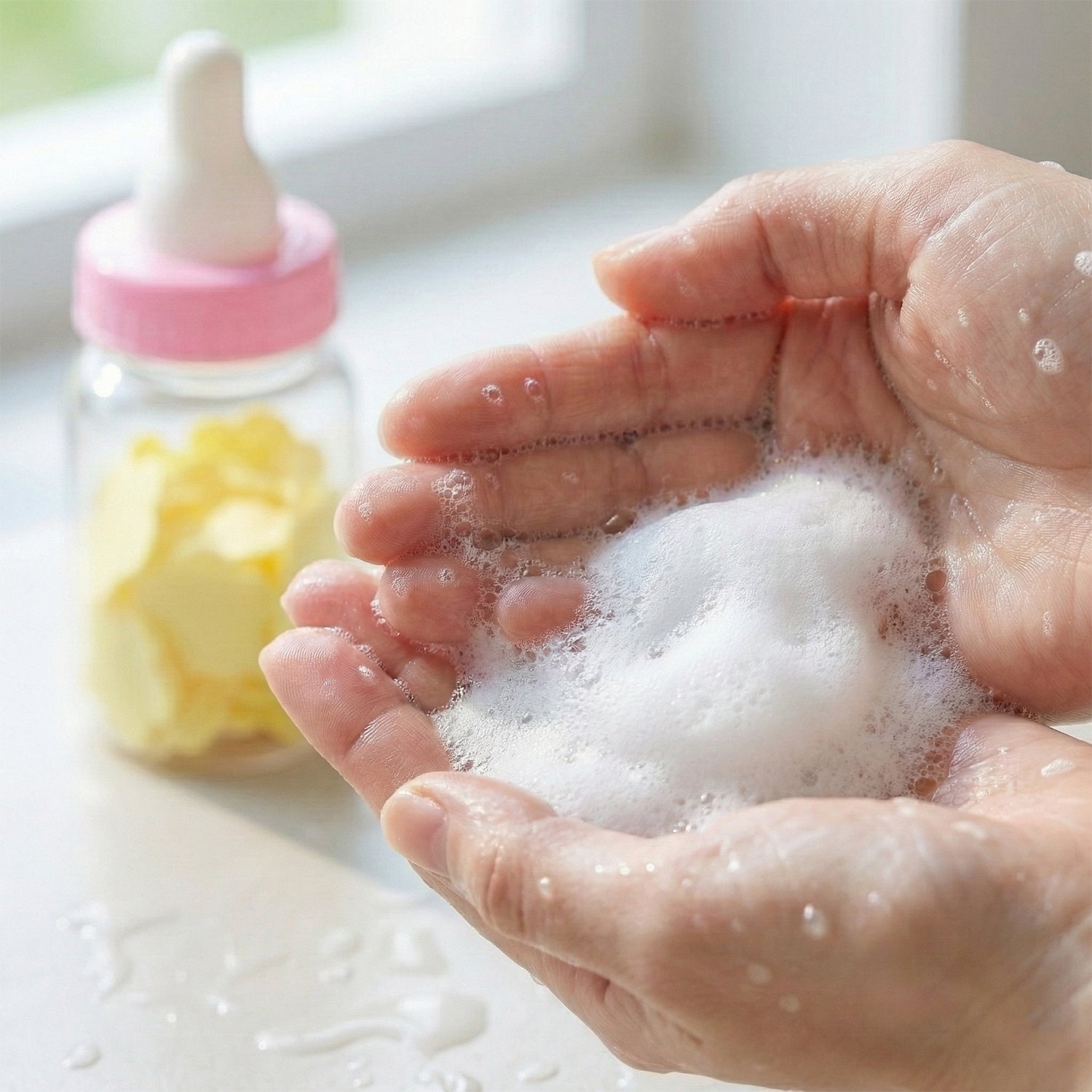 Wukusy portable baby bottle-shaped hand wash soap paper sheets set, compact and convenient for hand hygiene on the go.