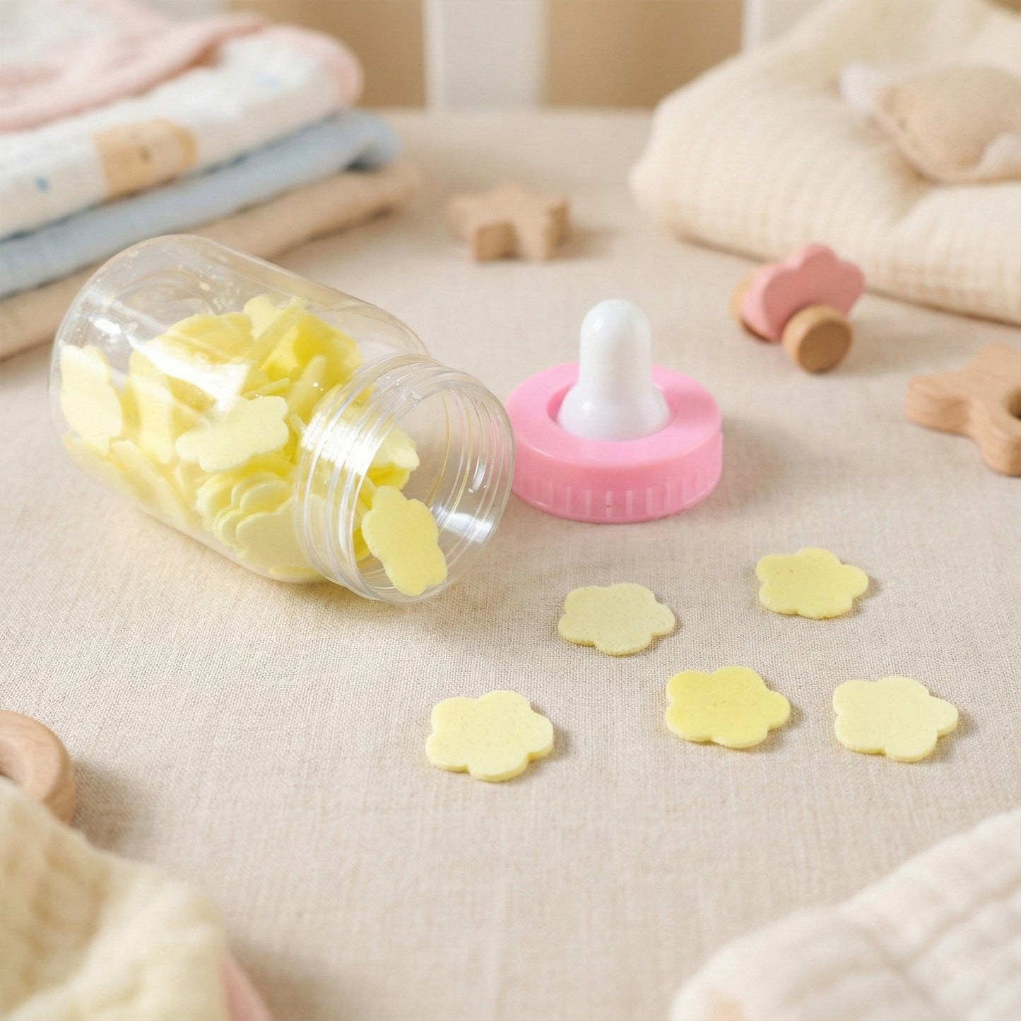 Wukusy portable baby bottle-shaped hand wash soap paper sheets set, compact and convenient for hygienic hand cleaning.
