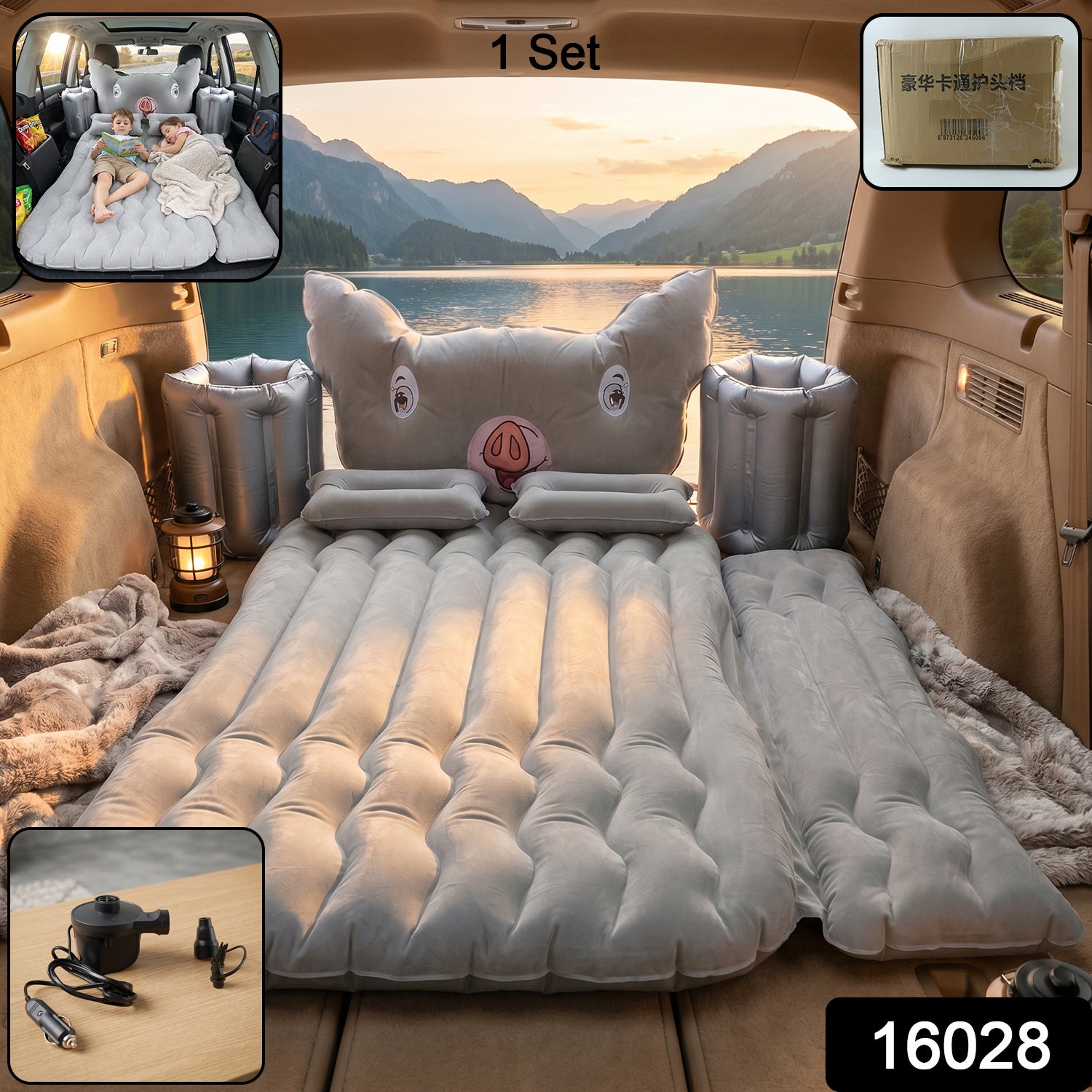 Wukusy portable car air mattress set with pig pillow and cushions, designed for travel comfort inside a vehicle.