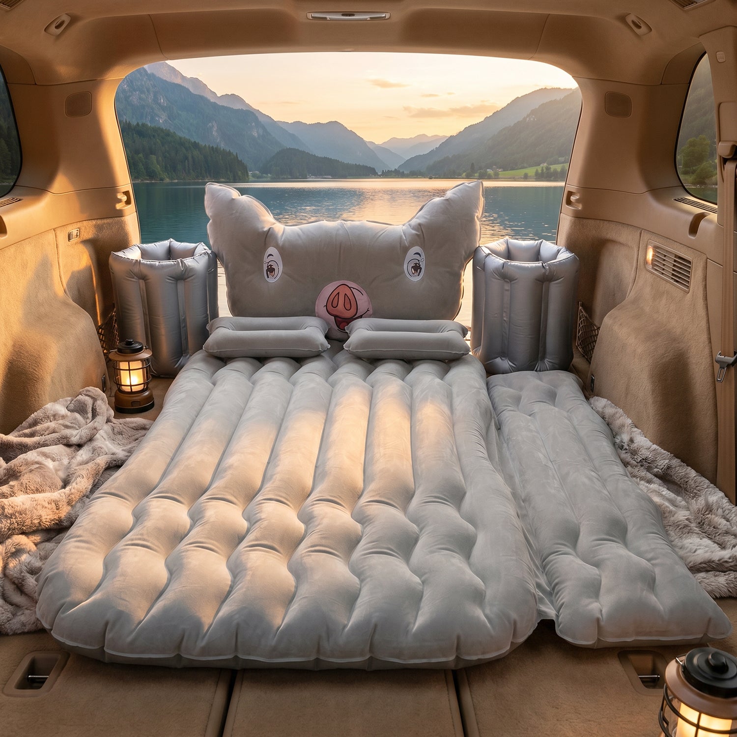 Portable Wukusy car air mattress set with pig pillow and cushions, designed for travel comfort in vehicles.