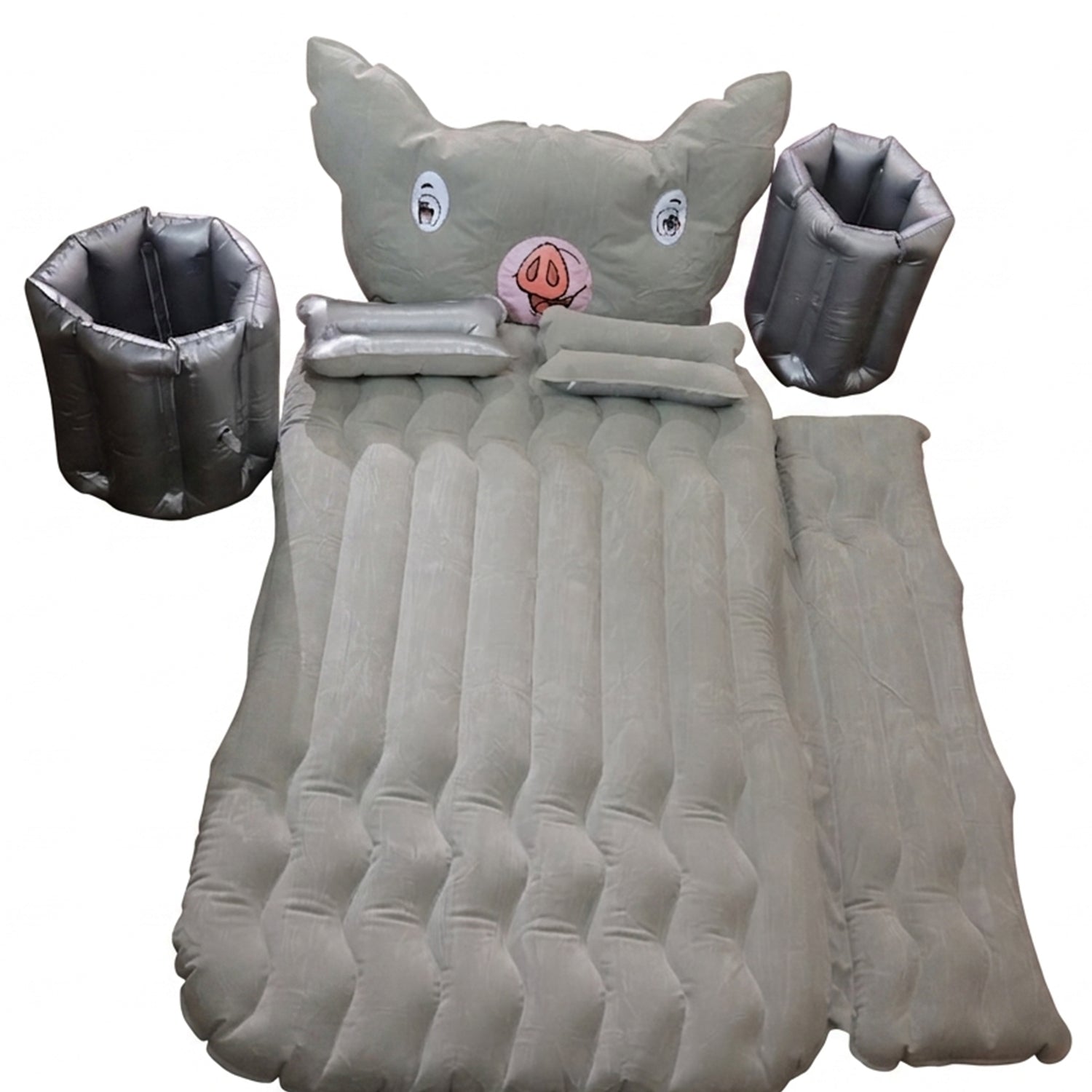 Wukusy portable car air mattress set with pig pillow and cushions, designed for travel comfort in a vehicle.