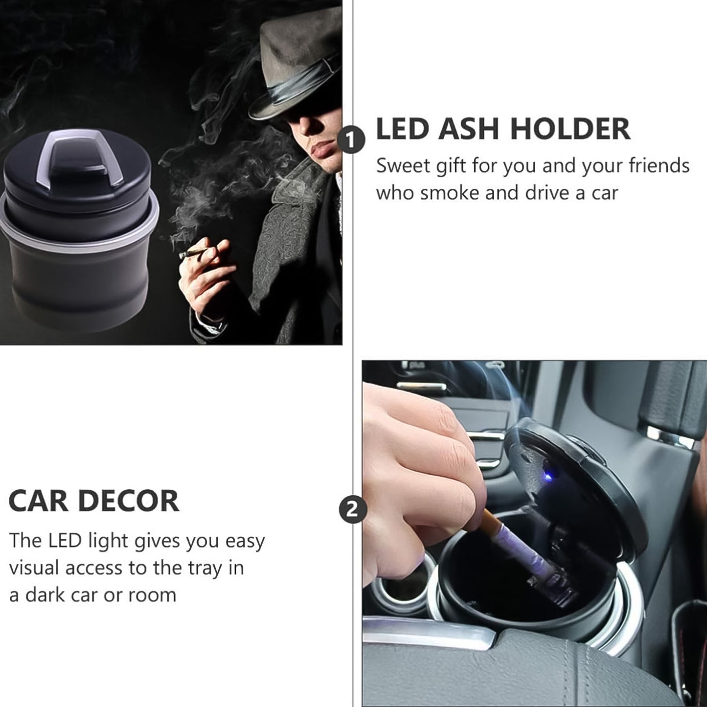 Wukusy portable car ashtray with lid and blue LED light, shown with compact design and color box packaging.