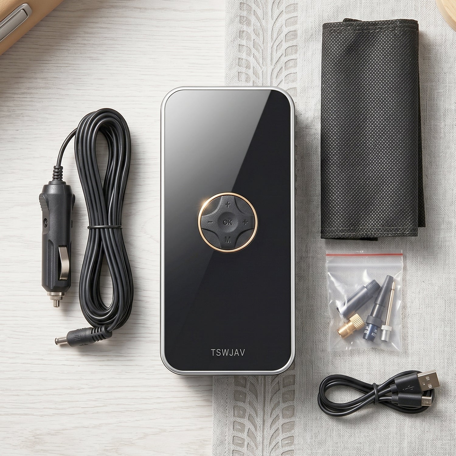 Wukusy portable electric car tyre air pump, rechargeable wireless inflator with digital pressure gauge, compact and easy to use.