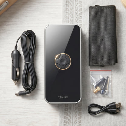Wukusy portable electric car tyre air pump, rechargeable wireless inflator with digital pressure gauge, compact and easy to use.