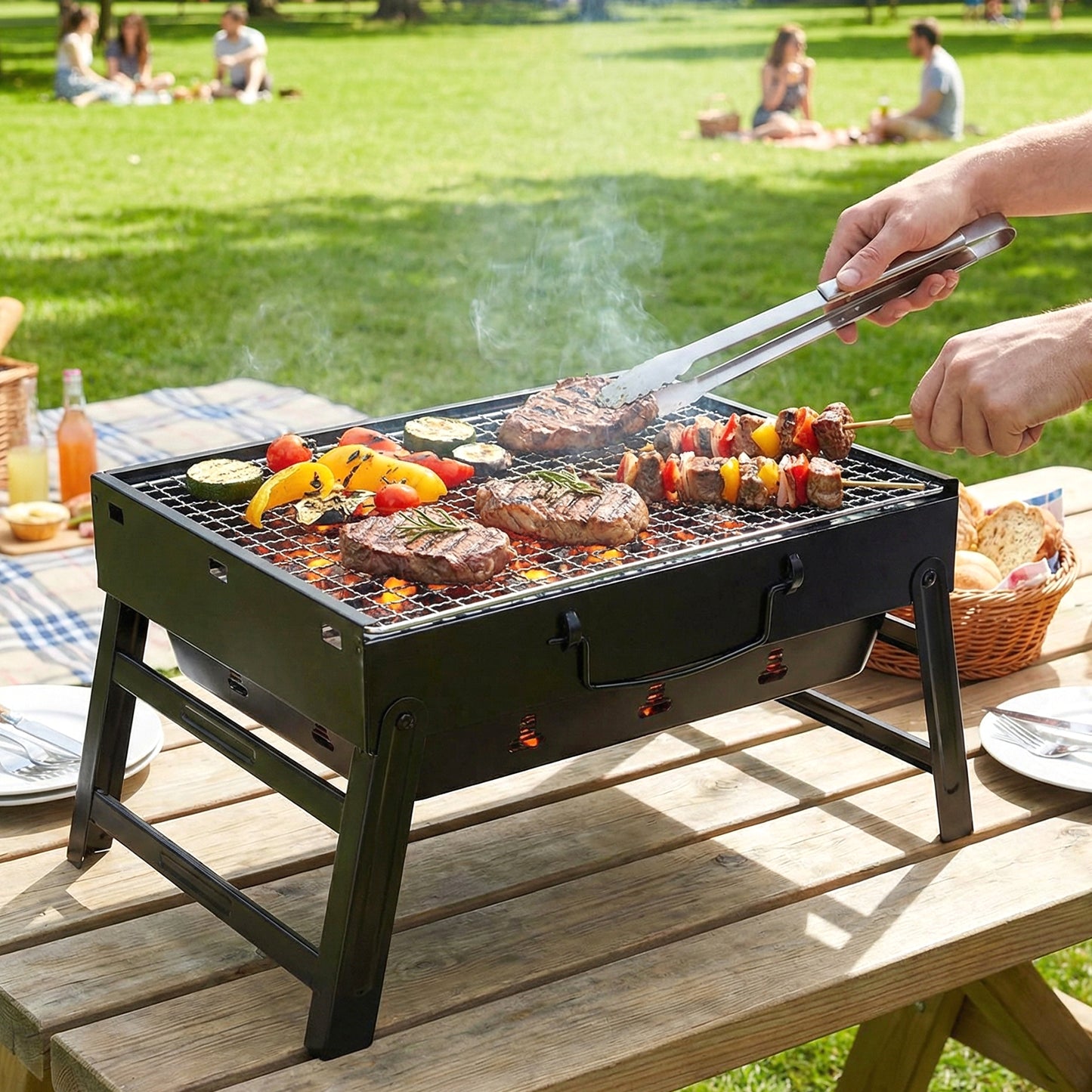Wukusy portable foldable charcoal BBQ grill with grilling mesh, 36x27 cm, compact and lightweight for outdoor cooking.