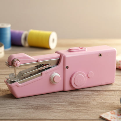 Wukusy portable handheld sewing machine set with compact design, featuring a black and white body and sewing accessories.