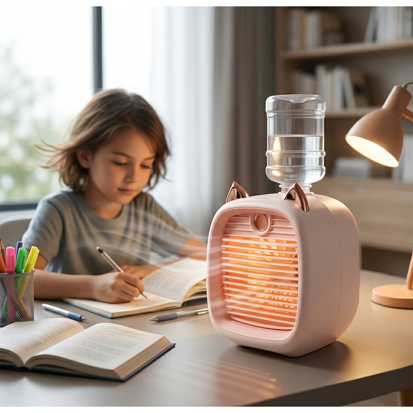 Wukusy portable mini air cooler fan with spray mist function, compact device with adjustable vents and misting for cooling on the go.