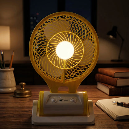 Wukusy portable rechargeable LED light with built-in mini table fan, compact and versatile for indoor and outdoor use.