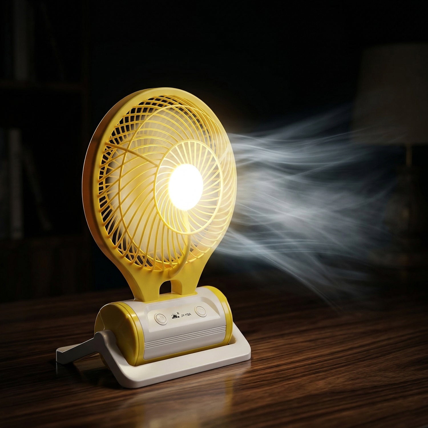 Wukusy portable rechargeable LED light with built-in mini table fan, compact and versatile for outdoor or indoor use.