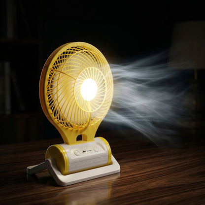 Wukusy portable rechargeable LED light with built-in mini table fan, compact and versatile for outdoor or indoor use.