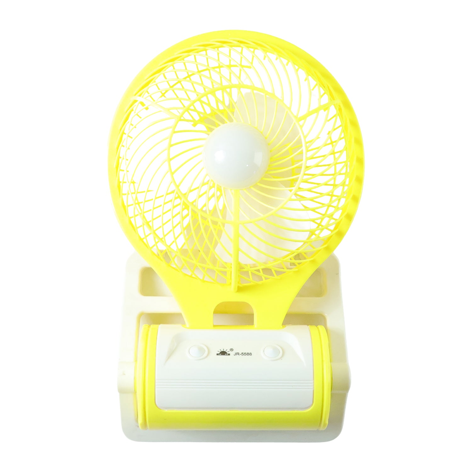 Wukusy portable rechargeable LED light with mini table fan, compact and versatile for outdoor or indoor use.