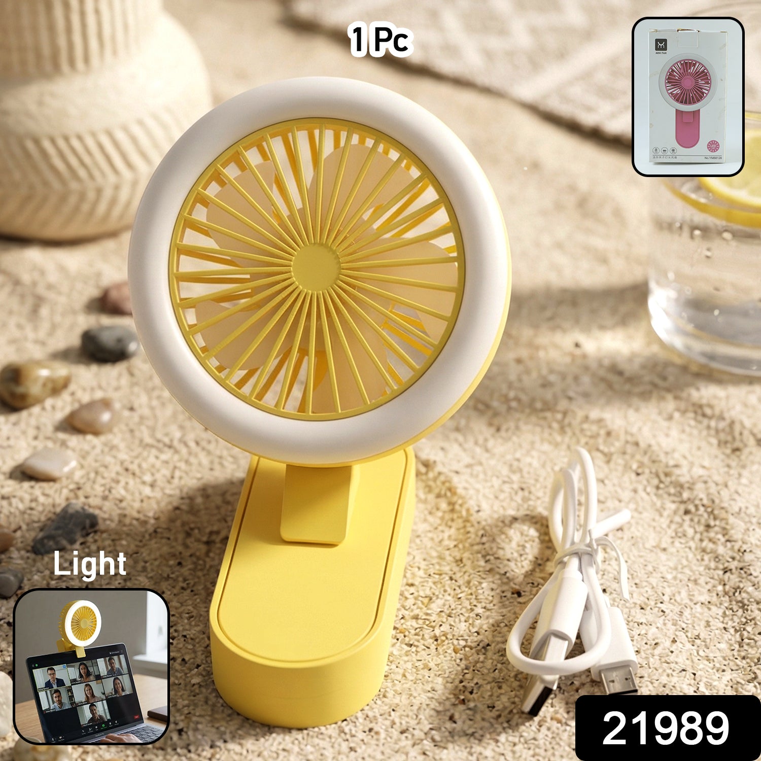 Wukusy portable rechargeable mini table fan with LED light, compact cooling fan ideal for desk or personal use.