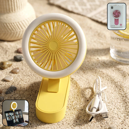Wukusy portable rechargeable mini table fan with LED light, compact design, and adjustable settings for personal cooling.