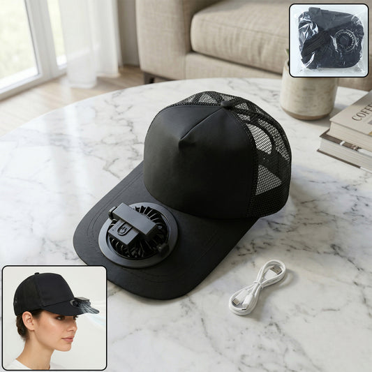 Wukusy portable USB rechargeable cooling cap with built-in mini fan, designed to keep you cool and comfortable outdoors.