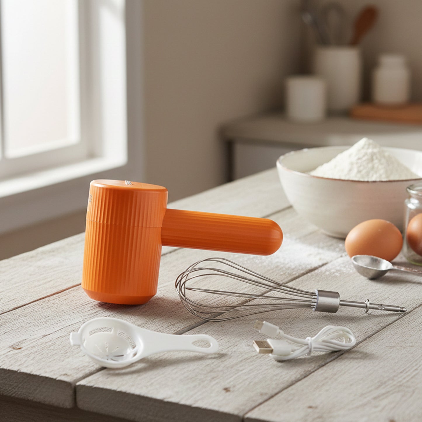 Wukusy portable USB rechargeable electric handheld whisk mixer with stainless steel beaters on a white background