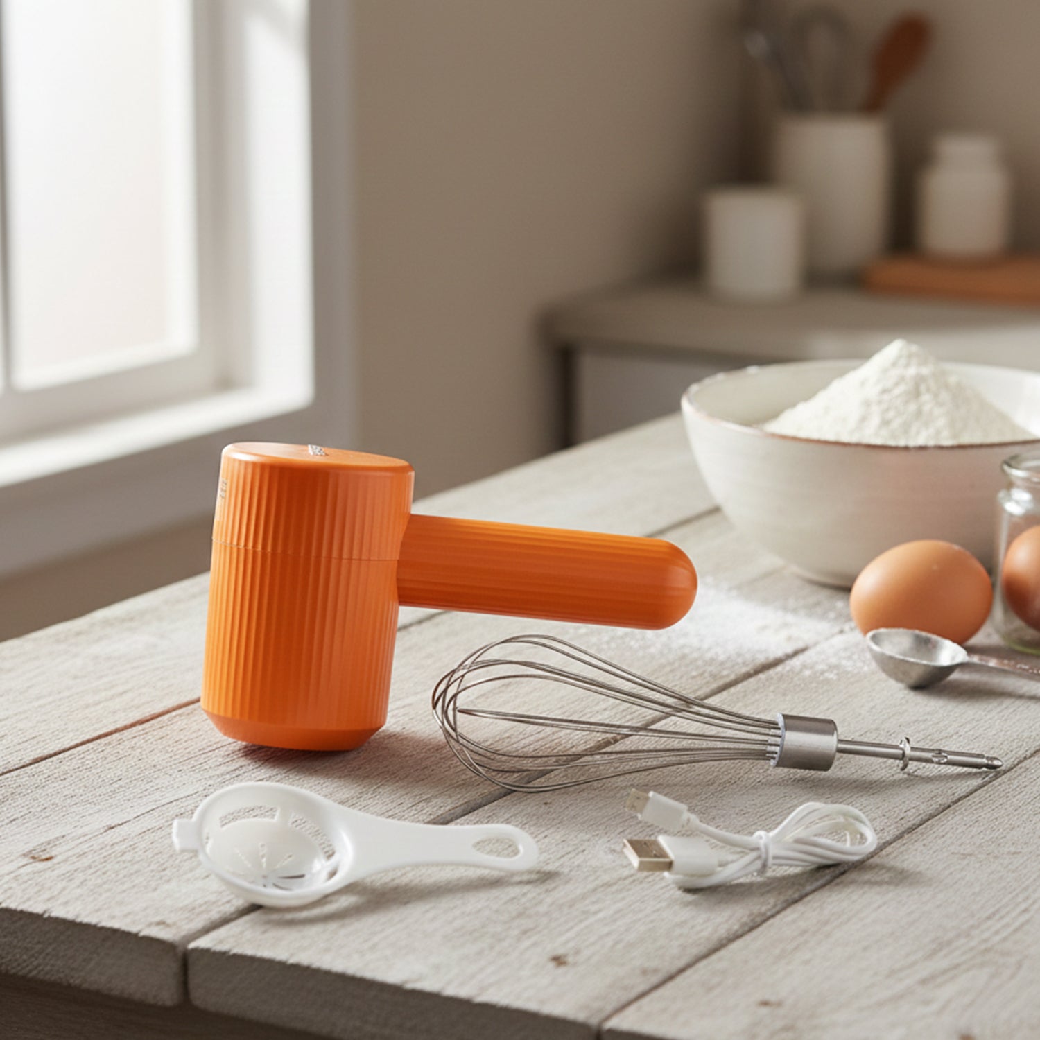 Wukusy portable USB rechargeable electric handheld whisk mixer with stainless steel beaters on a white background