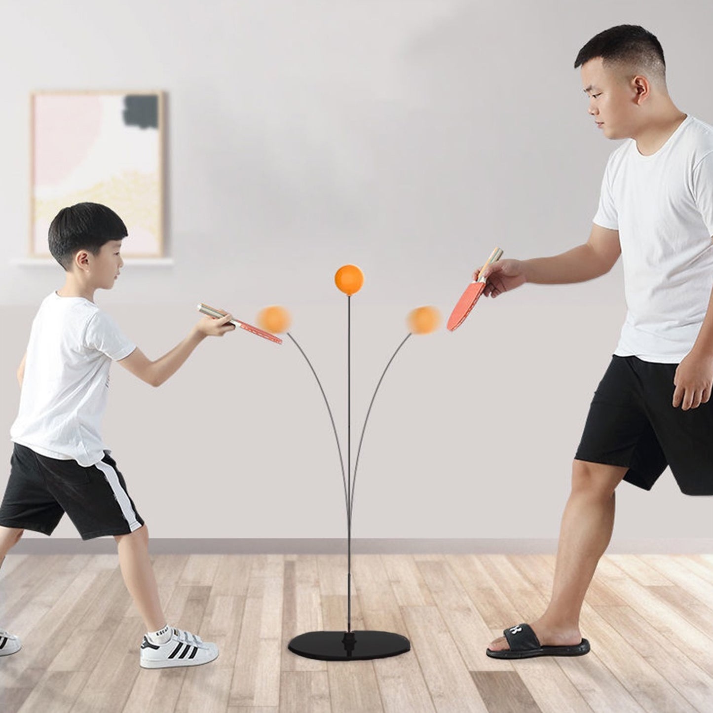Wukusy Portable Wiff Waff Rebound Table Tennis Trainer Set with paddles and net for practice and training purposes.