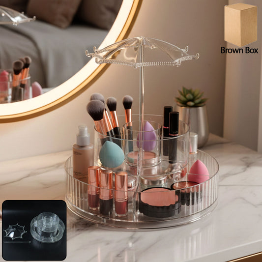 Wukusy premium 360 rotating makeup and jewelry organizer stand with multiple compartments for accessories and cosmetics.