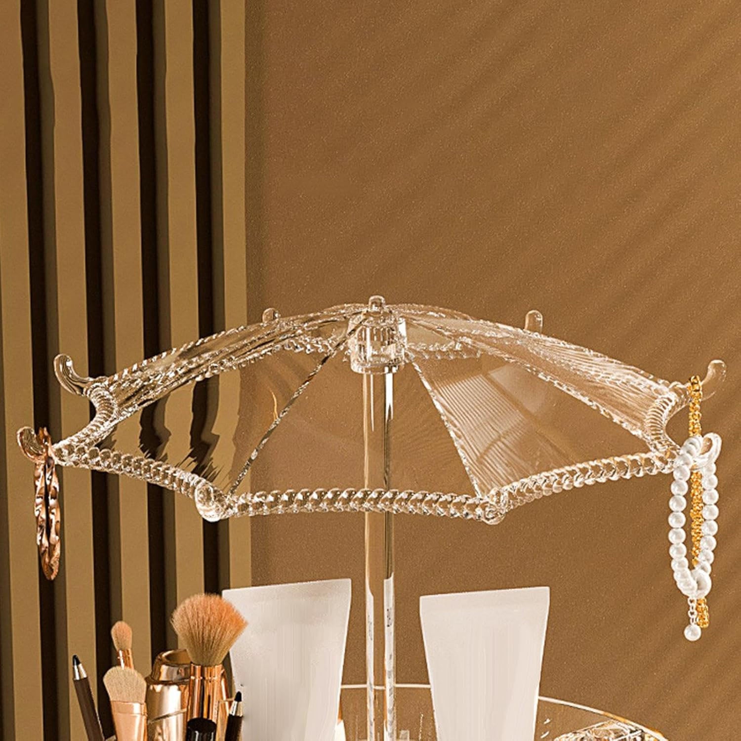 Wukusy premium 360 rotating makeup and jewelry organizer stand with multiple compartments for cosmetics and accessories.