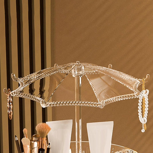 Wukusy premium 360 rotating makeup and jewelry organizer stand with multiple compartments for cosmetics and accessories.