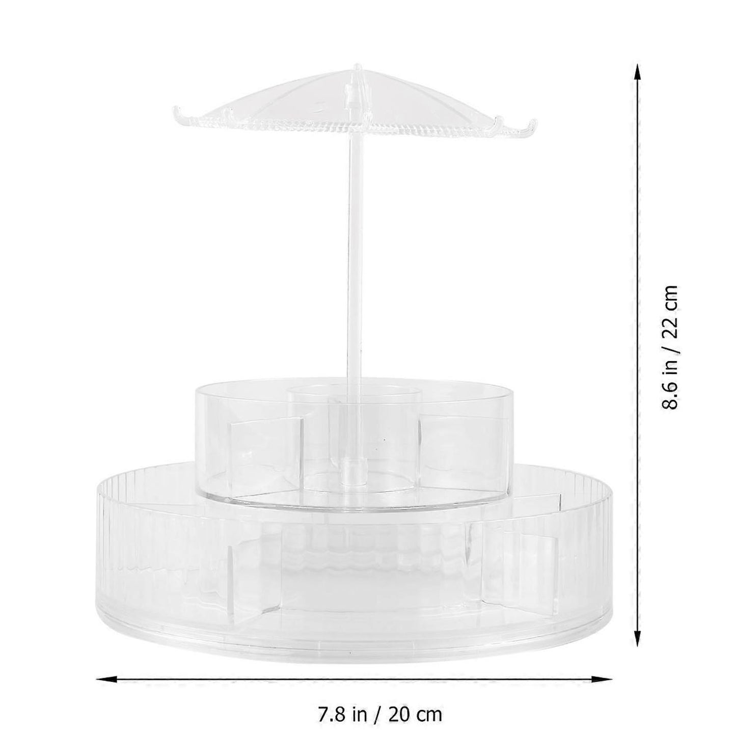 Wukusy premium 360 rotating makeup and jewelry organizer stand with multiple compartments for cosmetics and accessories.