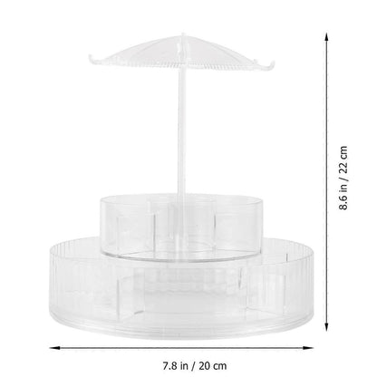 Wukusy premium 360 rotating makeup and jewelry organizer stand with multiple compartments for cosmetics and accessories.