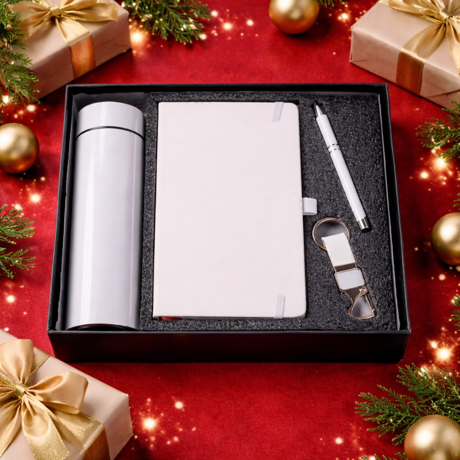 Wukusy Premium 4-in-1 corporate gift set combo including a pen, notebook, mug, and keychain arranged neatly.