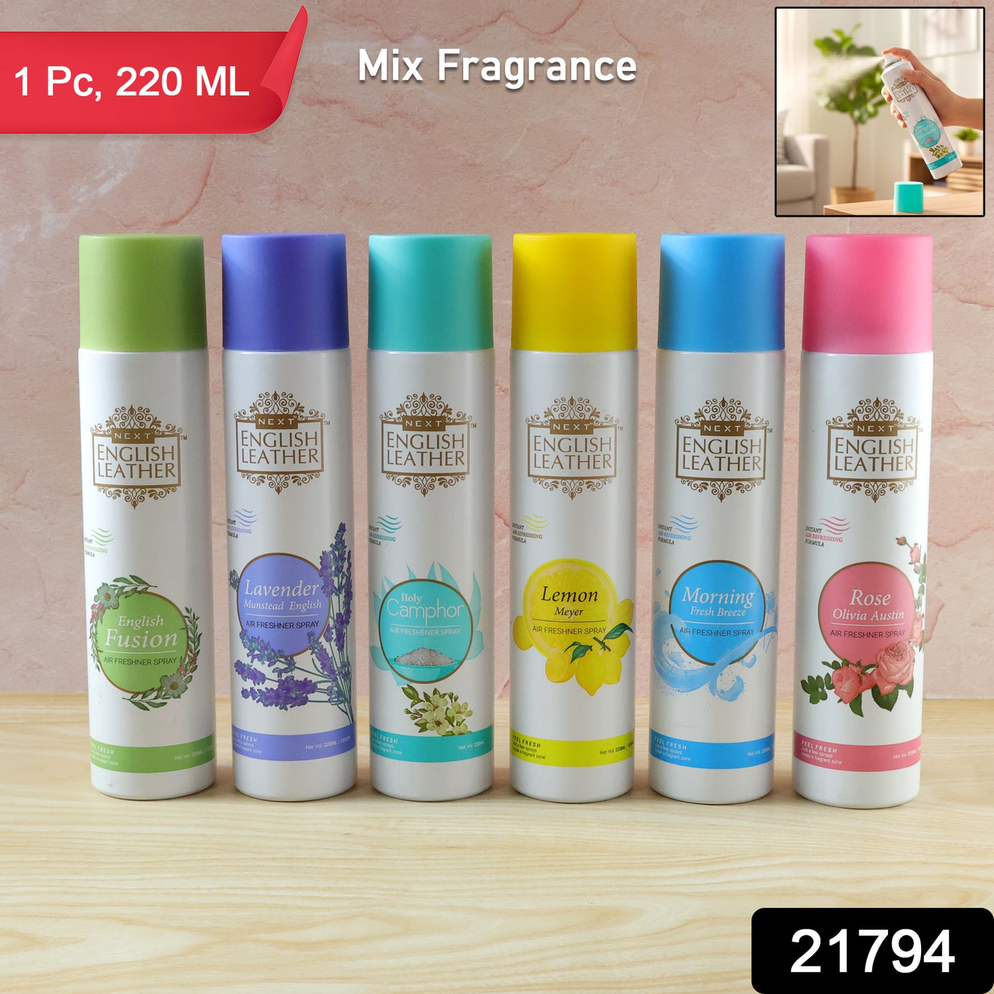 Wukusy Premium Air Freshener Spray Mix Fragrance 220ml bottle, showcasing the sleek design and labeling of the product.