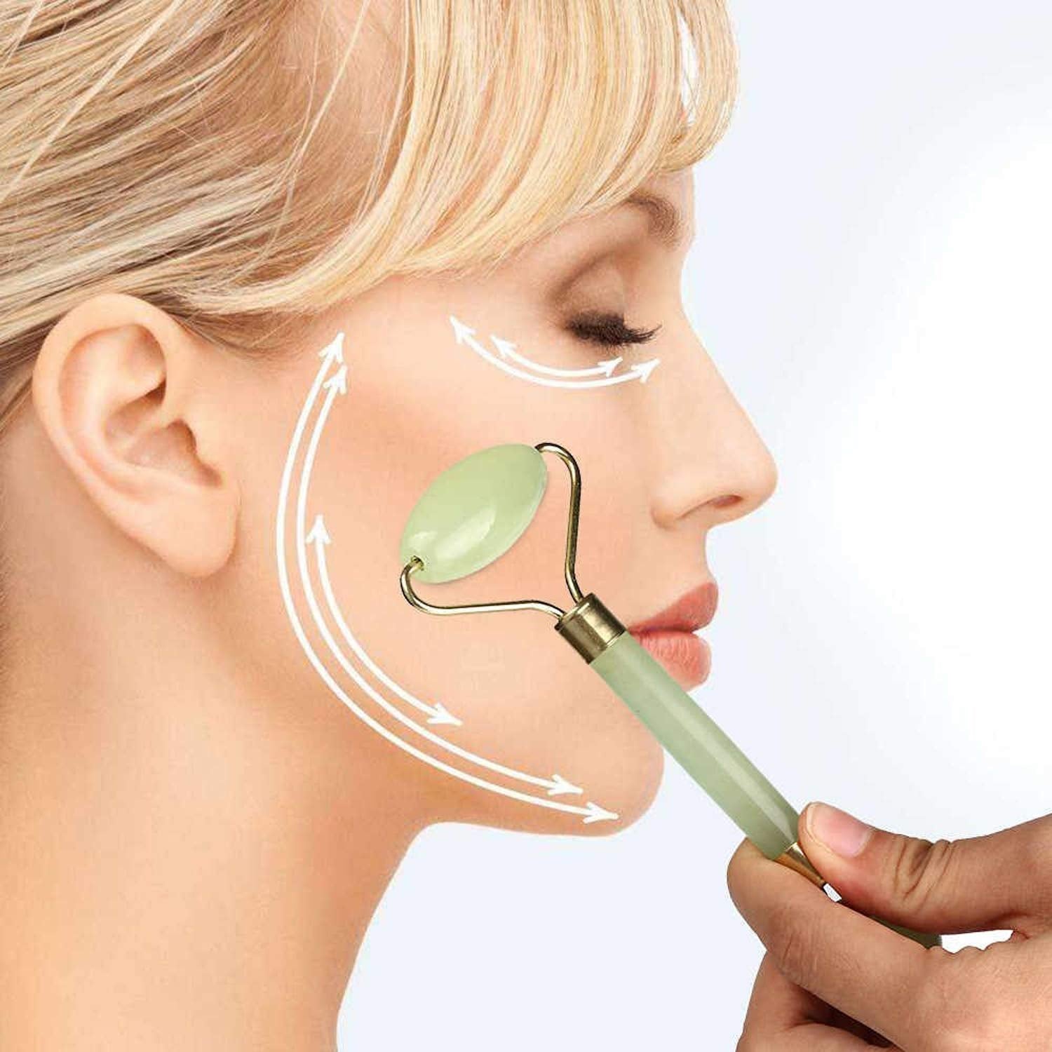 Wukusy premium jade stone dual-head face roller and Gua Sha massage tool set for facial skincare and relaxation.