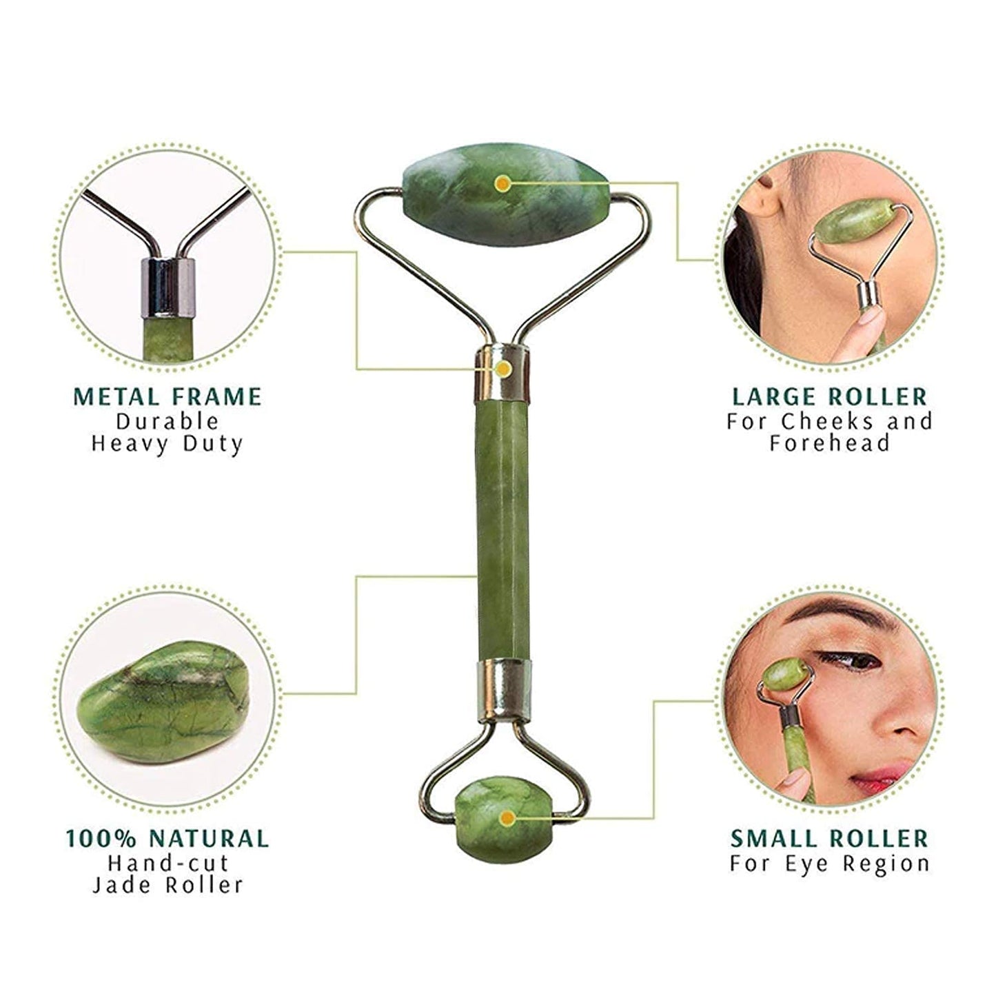 Wukusy premium dual-head jade stone face roller and Gua Sha massage tool set on a white background, natural skincare tool.