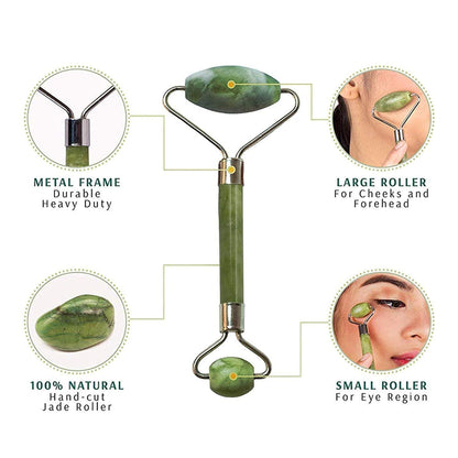 Wukusy premium dual-head jade stone face roller and Gua Sha massage tool set on a white background, natural skincare tool.