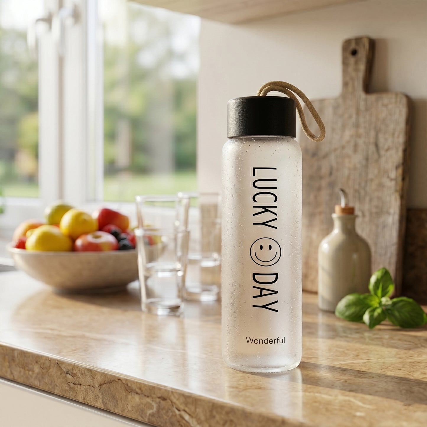 Wukusy premium frosted glass water bottle with leak-proof lid, 350 ml capacity, showcasing sleek design and durable construction.