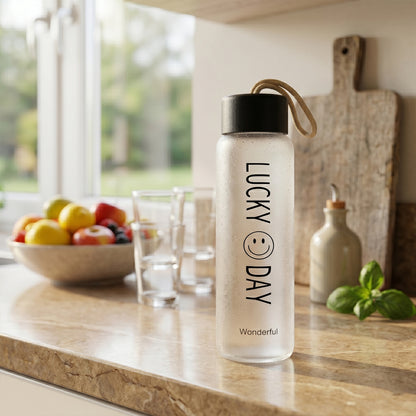 Wukusy premium frosted glass water bottle with leak-proof lid, 350 ml capacity, showcasing sleek design and durable construction.