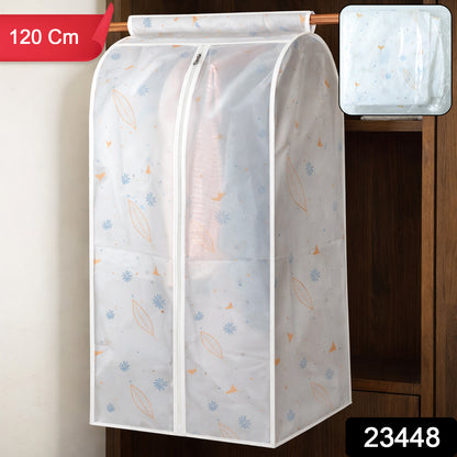 Wukusy Premium hanging clothes storage cover bag, 120 cm, clear fabric with zip closure, protects garments from dust and dirt.