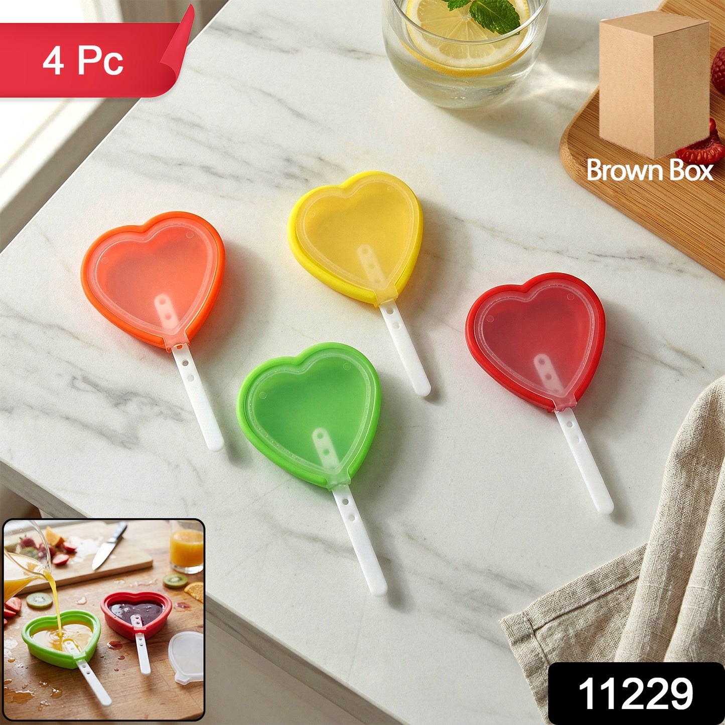 Wukusy premium heart-shaped silicone popsicle mold set with four reusable molds for making colorful frozen treats.