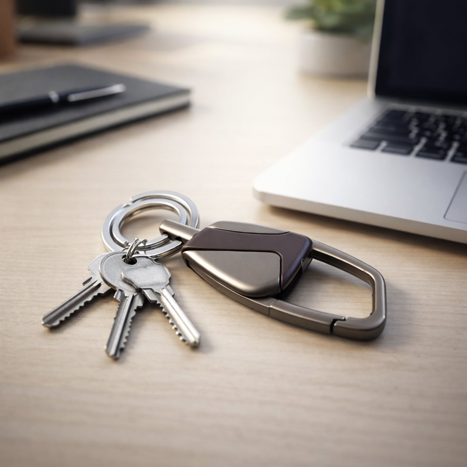 Wukusy heavy-duty metal key holder with locking carabiner clip on a white background, showing durable construction and secure attachment.