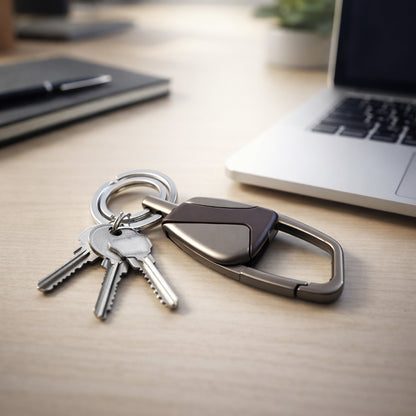 Wukusy heavy-duty metal key holder with locking carabiner clip on a white background, showing durable construction and secure attachment.