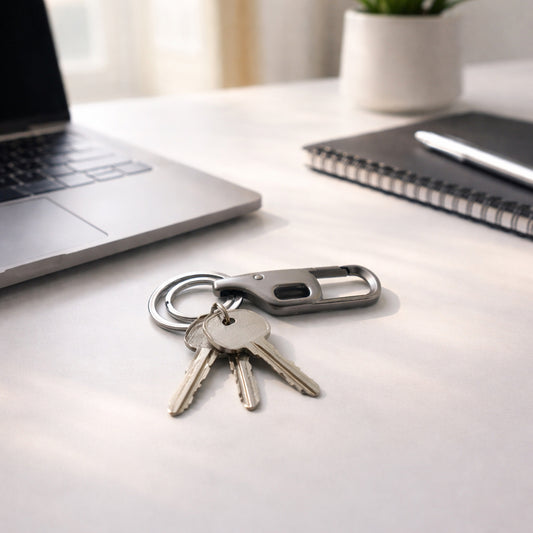 Wukusy heavy-duty metal keychain with push lock and dual rings, durable and secure for key organization.