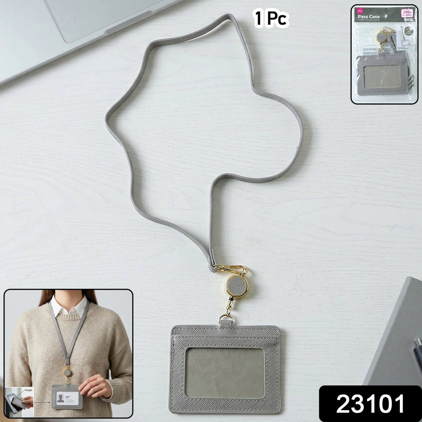 Wukusy premium ID card holder with adjustable neck strap, clear plastic window for ID display, black color, single piece.