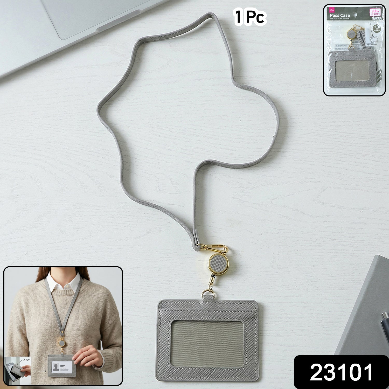 Wukusy premium ID card holder with adjustable neck strap, clear plastic window for ID display, black color, single piece.