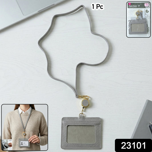 Wukusy premium ID card holder with adjustable neck strap, clear plastic window for ID display, black color, single piece.