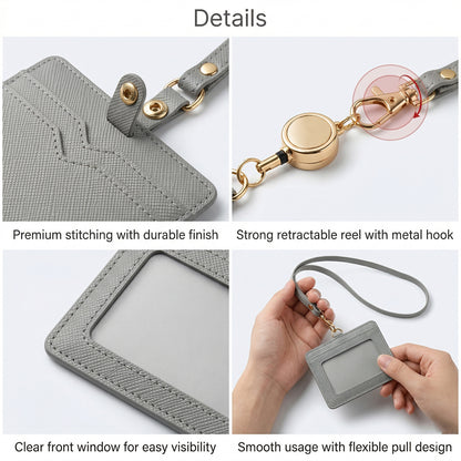 Wukusy premium ID card holder with adjustable neck strap, clear plastic window, and secure closure for convenient access.