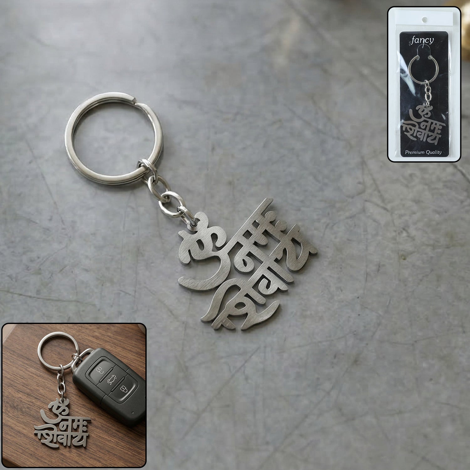 Wukusy premium metal Om Namah Shivay engraved keychain with intricate design, featuring sacred Hindu mantra symbol.