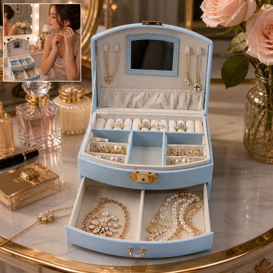 Wukusy premium multi-layer jewelry storage box with mirror, featuring compartments for rings, necklaces, and earrings.