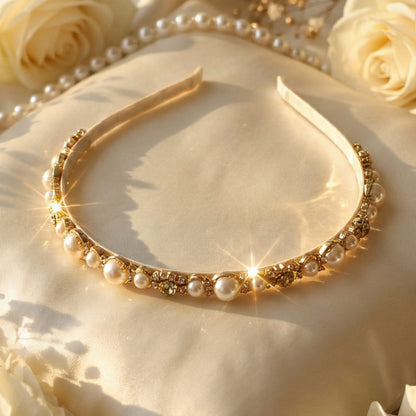Wukusy premium pearl and crystal embellished hair band with decorative pearls and sparkling crystals, one-piece accessory for styling.