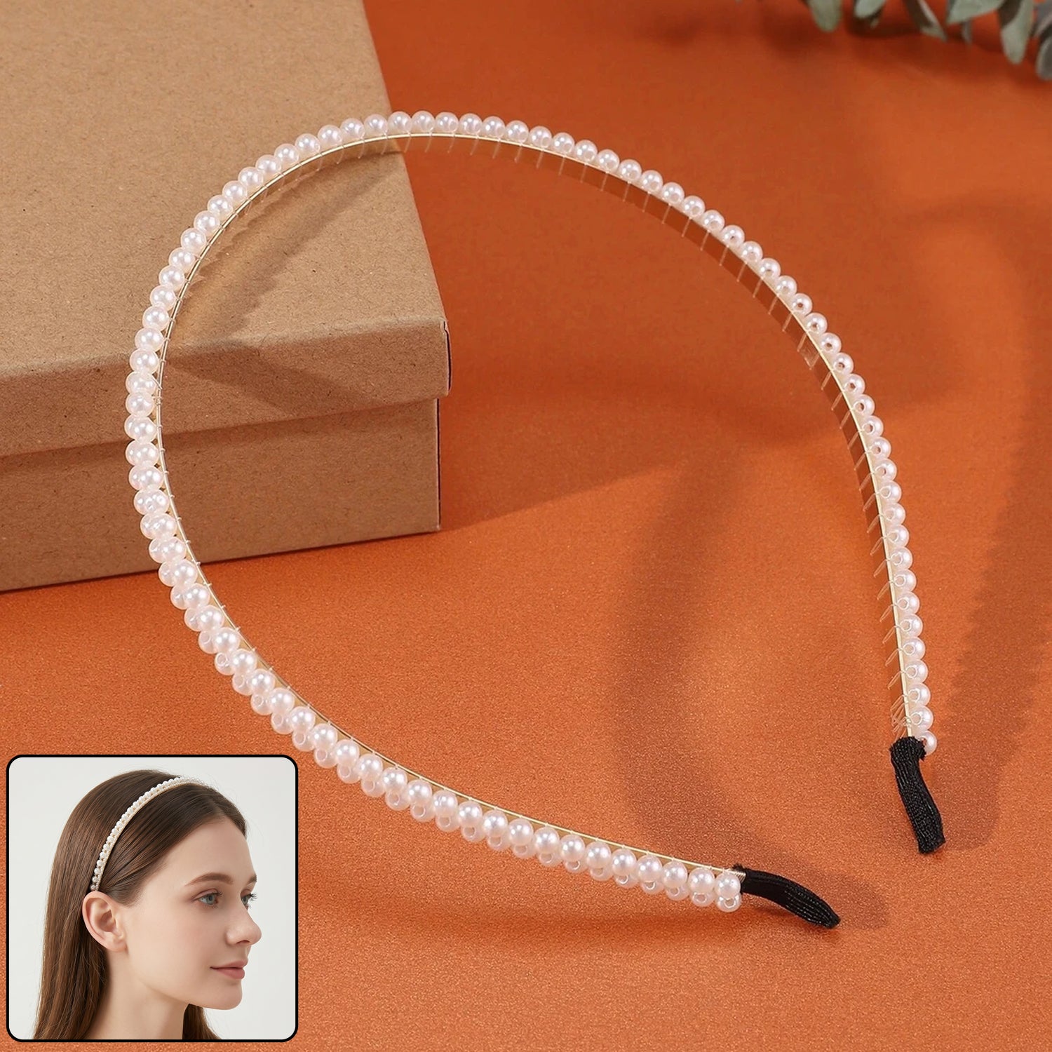 Wukusy premium pearl-embellished slim hairband with elegant design, ideal for styling and accessorizing hair.