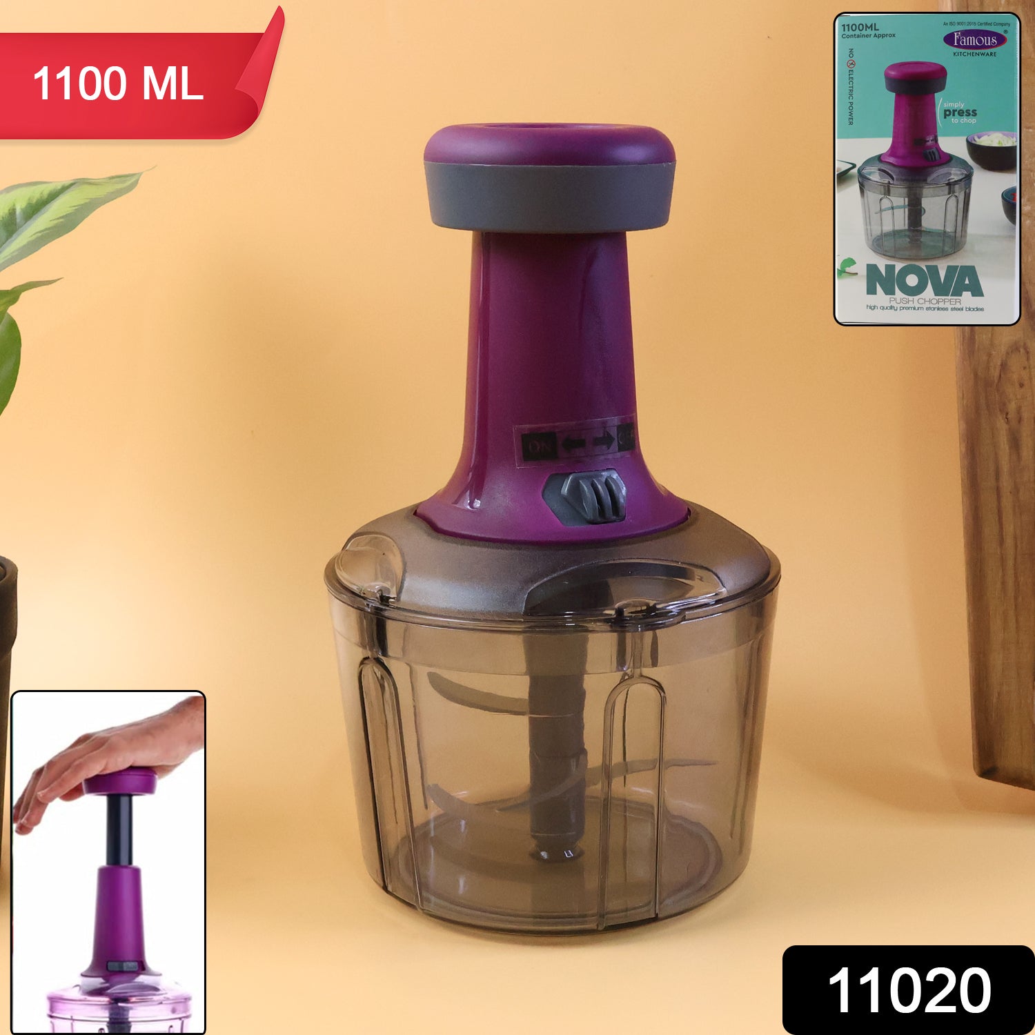 Wukusy Premium Push Chopper 1100 ml with stainless steel blades and plastic container for efficient food chopping.