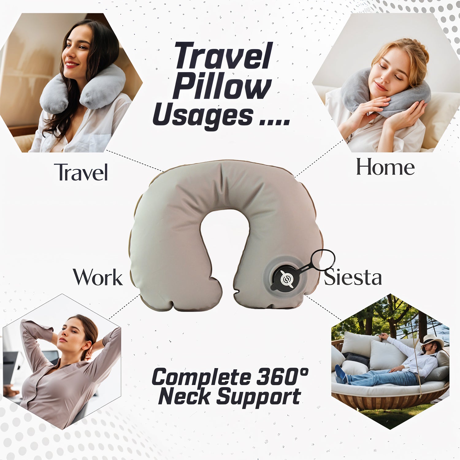 Wukusy inflatable travel neck pillow in gray, designed for comfortable support during flights or travel.